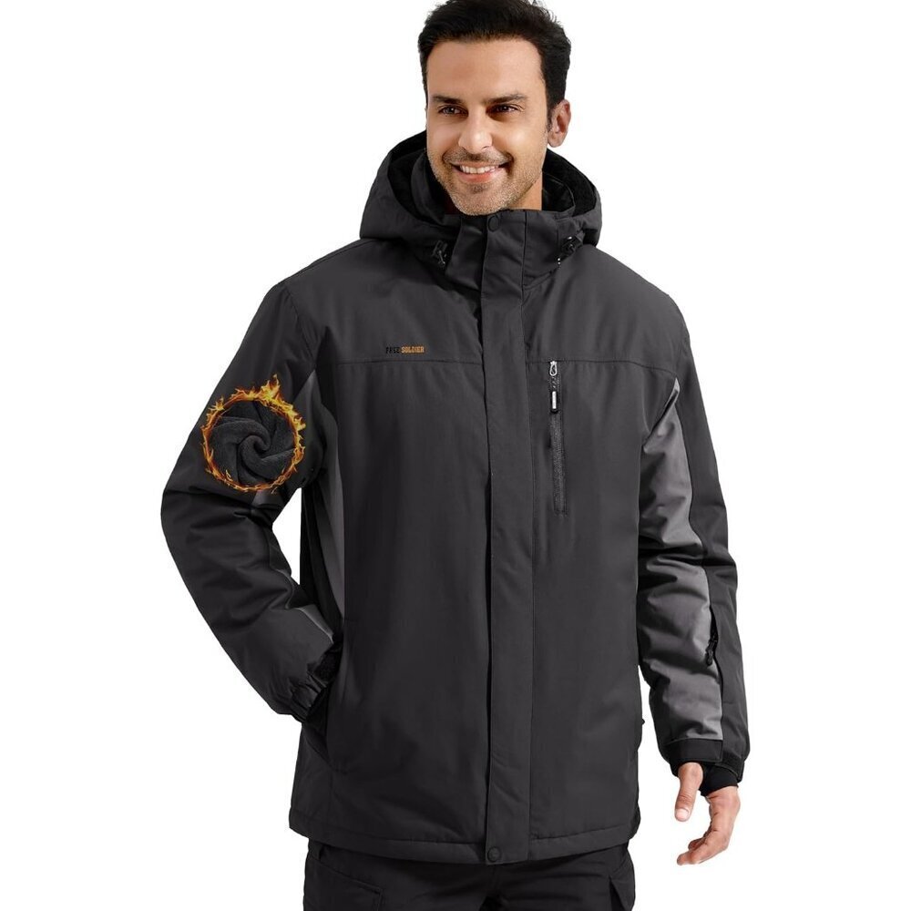 Men's Black Gray Waterproof Ski Snow Jacket Fleece Lined Warm Winter Rain Jacket